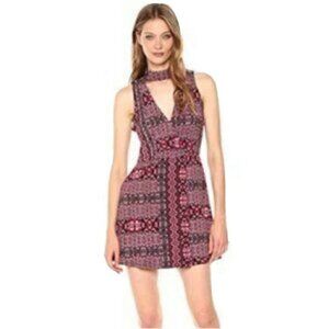 BCBGeneration Maroon Combo Floral Faux-Wrap Mini Dress Neck Collar Woman's Sz XS